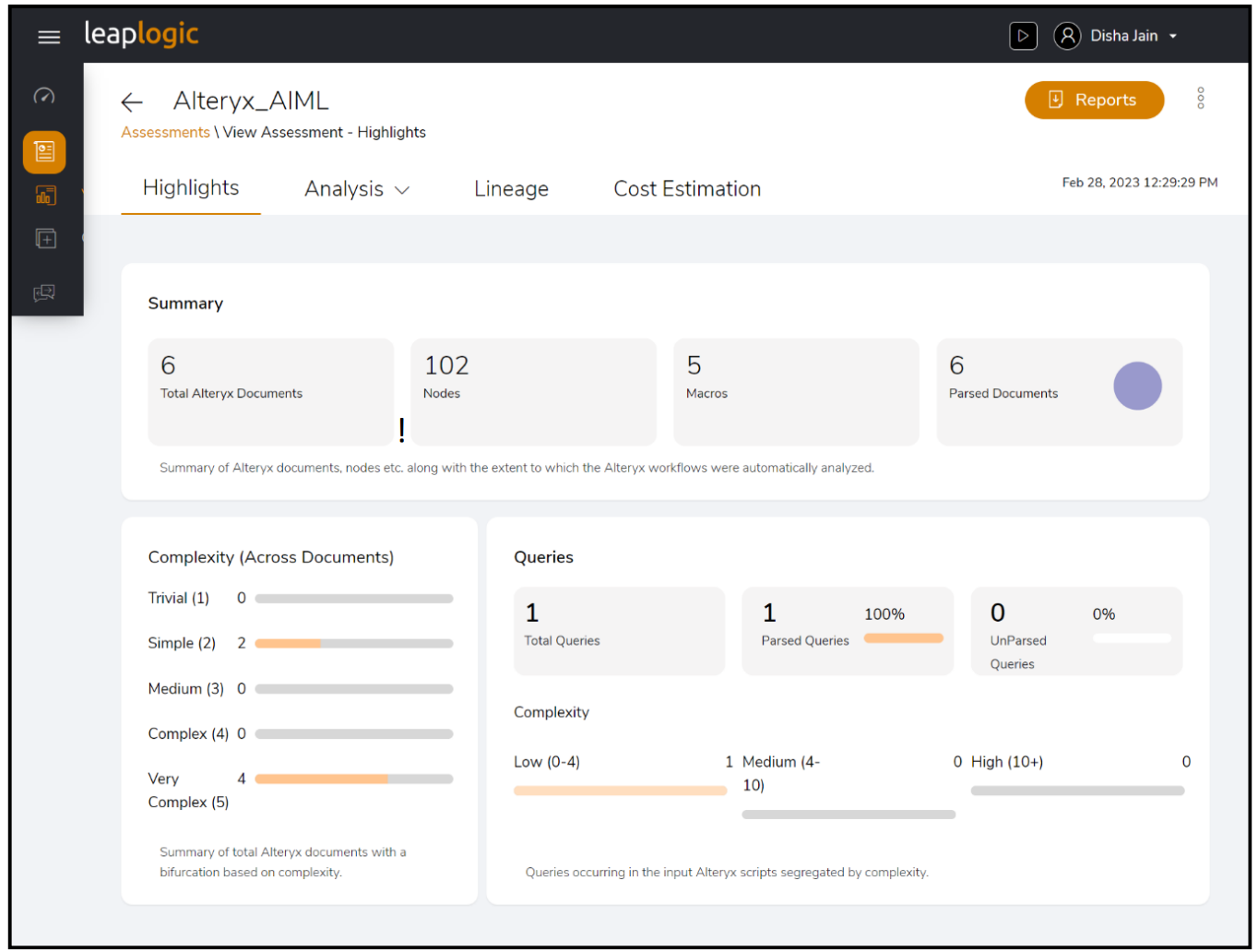 Screenshot of automated assessment using the LeapLogic cloud migration solution