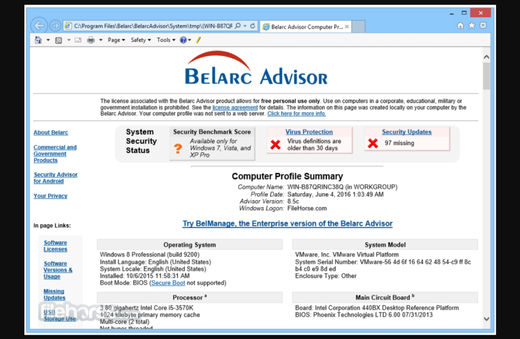 Belarc's system security status and profile summary