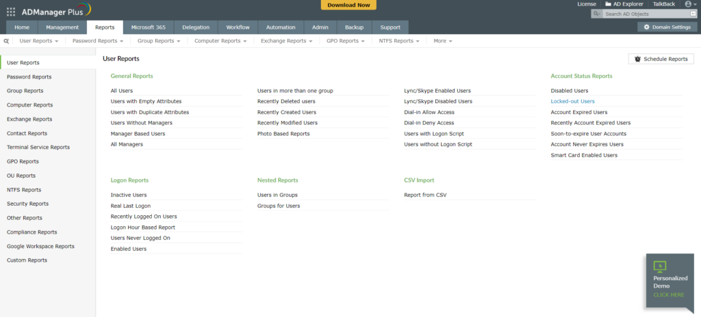 A photo focused on the reports tab of the user provisioning software tool ManageEngine ADManager Plus. 
