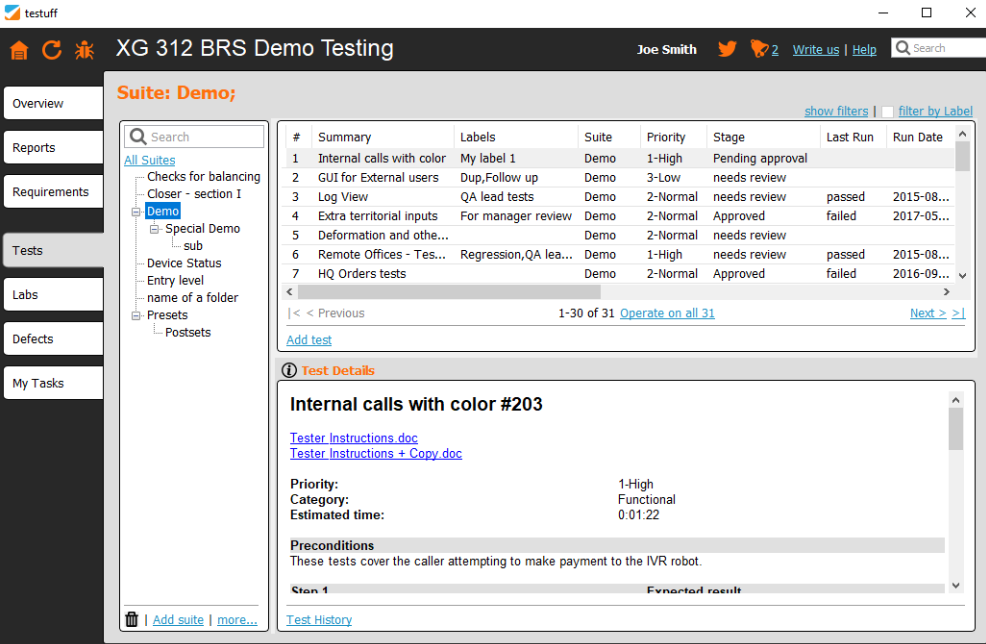 Testuff demo testing overview screenshot
