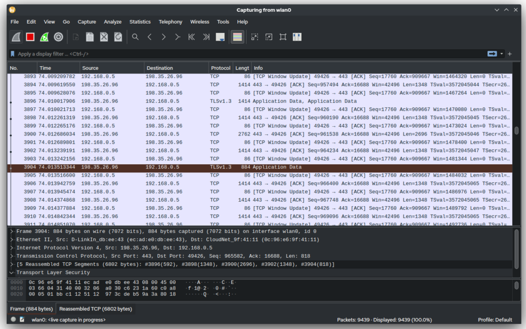 A photo of the packet analysis done in the tool Wireshark, 