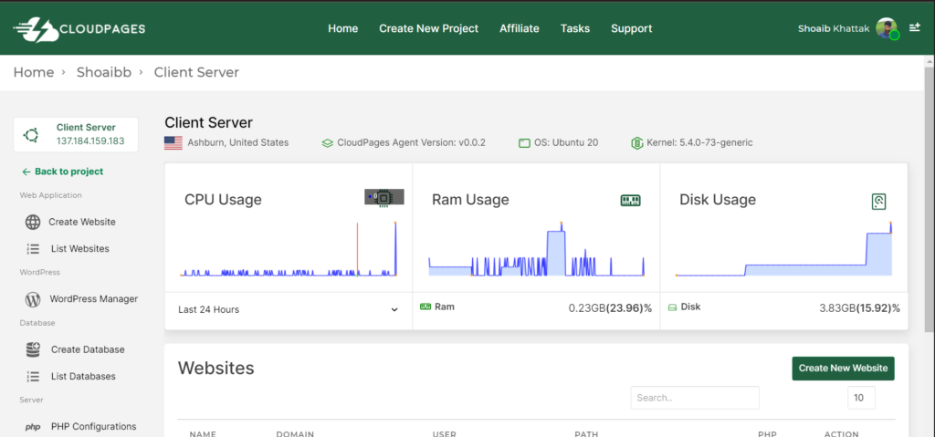 Cloudpages server dashboard
